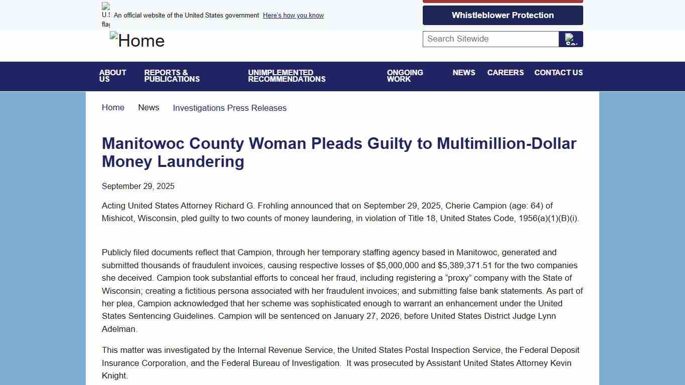 Manitowoc County Woman Pleads Guilty to Multimillion-Dollar Money Laundering Federal Deposit Insurance Corporation OIG